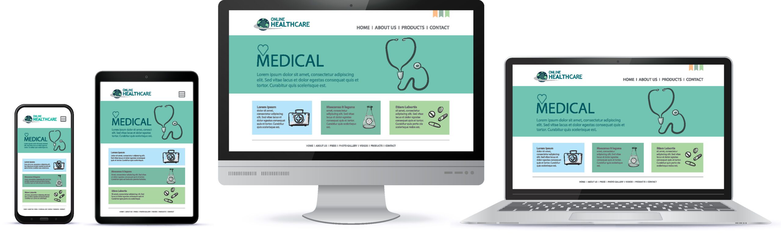 Diversos tipos de dispositivos com site médico em seus visores